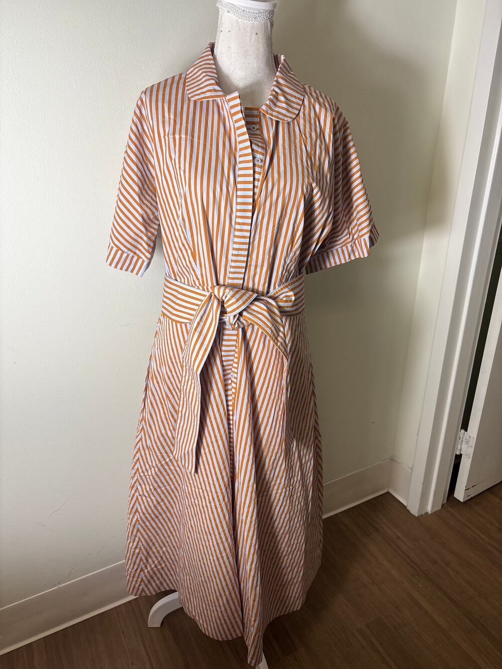NWT Buru Persimmon Stripe Peter Pan Caollar Day Gown Dress Sz L